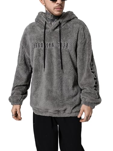 SOLY HUX Hoodies for Men Fuzzy Letter Embroidery Drawstring Long Sleeve Pullover Sweatshirt