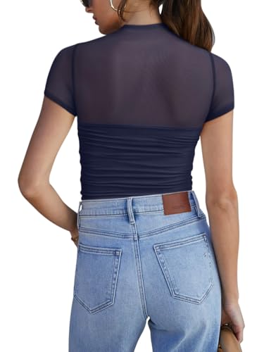 Image of REORIA Women's Sexy Mock Turtle Neck Short Sleeve Shirts Sheer Mesh Ruched Trendy Going Out Bodysuits Tops