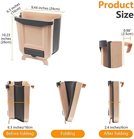 HUAPPNIO Kitchen Bin Plastic Folding Wall Mounted for Cupboard Door Hanging Trash Can 8L (Beige)