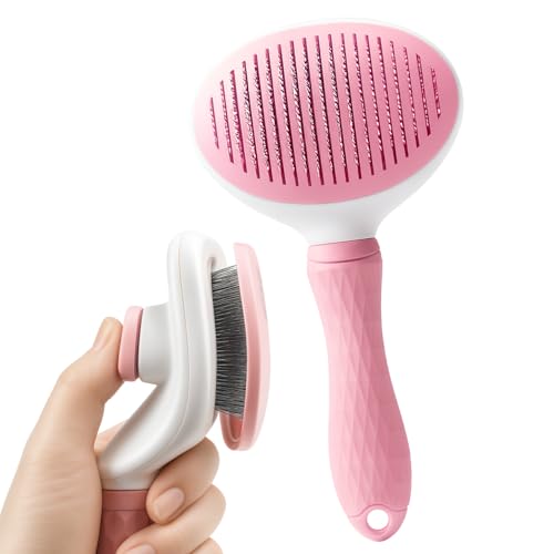 Escova Autolimpante Rasqueadeira Tira Pelos para Gatos e Cães de Pelo Longo – Removedora de Pelos com Botão de Limpeza, Cerdas Encapadas Seguras e Cabo Ergonômico Antiderrapante (Rosa)