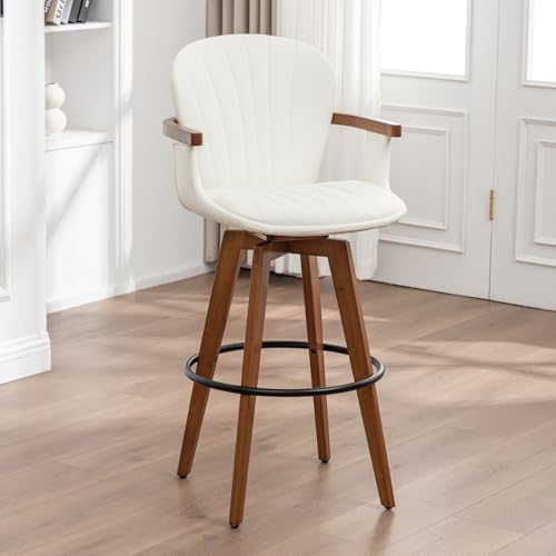 Image of LUNLING 30 inch Bar Height Stools,Mid Century Modern Bar Stool,White PU Leather Kitchen Island Stools,Wood High Barstools Swivel with Back and Arms for Home Bar Furniture,1PCS