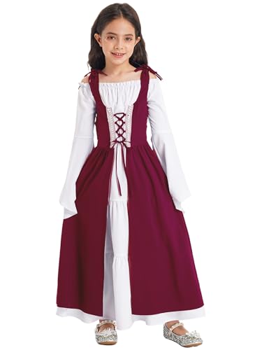 Kids Girls Medieval Renaissance Style Dress Square Neck Long Sleeve Gown Dress Fancy Outfits