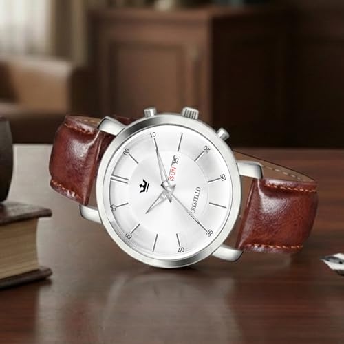 Image of CRESTELLO Brown /Green /Black Leather Strap Analog Wrist Watch with Day-Date Display for Men (Silver /Green /Brown /Black Dial) | CR-WT210