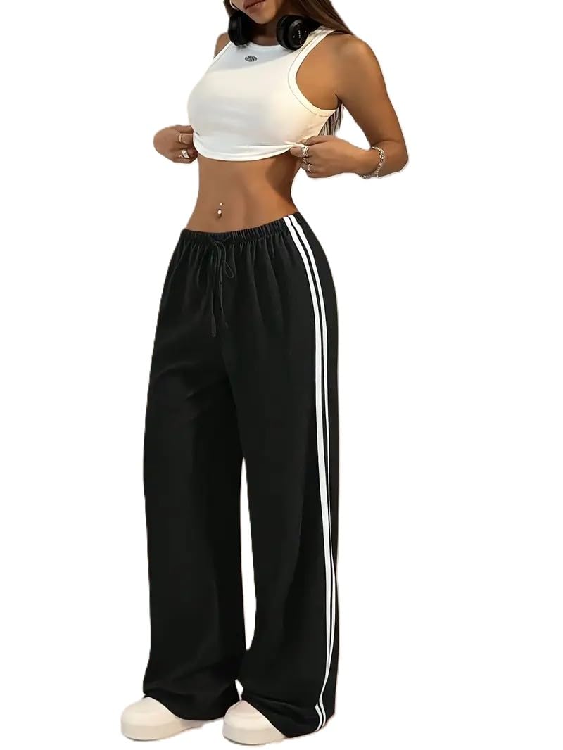 Women's Wide Leg Track Pants for Women | Black with White Side Stripes | Drawstring Waist (in, Alpha, L)