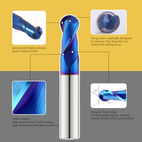 Image of 5PCS Ball Nose Carbide End Mill Set HRC65 CNC Cutter Router Bits 2 Flute Spiral Milling Tool Radius 1mm 1.5mm 2mm 3mm 4mm Milling Cutter with Nano Coated