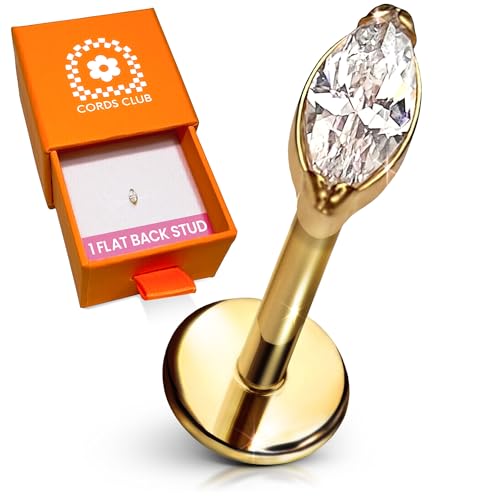 Cords Club Marquise Flat Back Stud ASTM-F136 Implant Grade Titanium - Push Pin Design for Sensitive Ears Available in 18K Gold Plated & Titanium Silver (Single Earring)