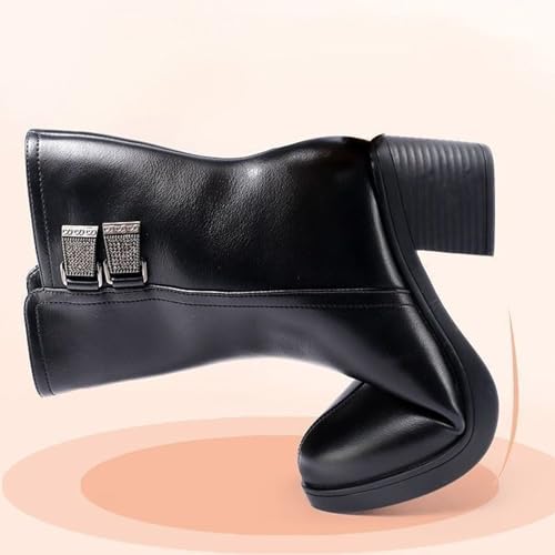 Women's Leather Soft Sole Chunky Heel Booties with Buckle Decor Round Toe Side Zipper Mid Block Heel Office Business Dress Ankle Boots4
