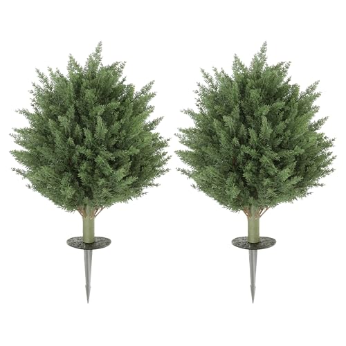 HOMCOM 60 cm Artificial Cypress Topiary Tree with Ground Stake, Set of 2 Artificial Plant, Fake Plant for Indoor Outdoor Front Porch Home Decor, UV Resistant, Green