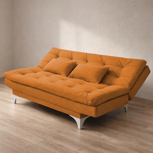 Image of Krancy Solid Wood 3 Seater Sofa Cum Bed with Ottomon | Convertible Wooden Couch for Living Room, Home & Office | Modern Designer Furniture | 1 Year Warranty | Orange Color