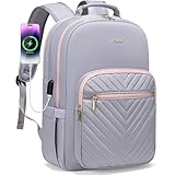 LOVEVOOK Laptop Backpack for Women 15.6 inch,Cute Travel Carry on Backpack Purse,Professional Computer Bag,Waterproof Work Business College Teacher Bag with USB Port,Grey Pink