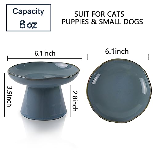 Image of Extra Wide 6.1 inch Ceramic Raised Cat Food Bowl, Shallow Elevated Pet Feeder for Food Feeding, Anti Vomiting Whisker Fatigue Bowls for Cat Puppy, Blue