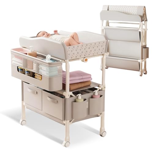 Cambiador Bebé, Cambiador bebe Plegable Portátil con Cesta Lateral, Altura Ajustable de 5 niveles, Ruedas Bloqueables, Organizador Multifuncional para Habitación Infantil, Carga 65kg (Gris)