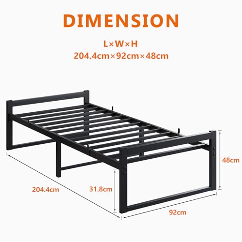VECOCHO Bett90x200 cm,Bettgestell 90x200 mit Lattenrost aus Metall,Metallbett 90x200 cm mit Stauraum-32cm Hoch,Gästebett Doppelbett KeinBoxspringbett Erforderlich,Schwarz Bettrahmen