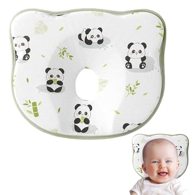Memory Foam F¦©at h§Öad Shaping Pillow, Baby Head Shaping Pillow, Soft & Breathable Cute Bear Baby Pillow for Infant Boys Girls (Panda)
