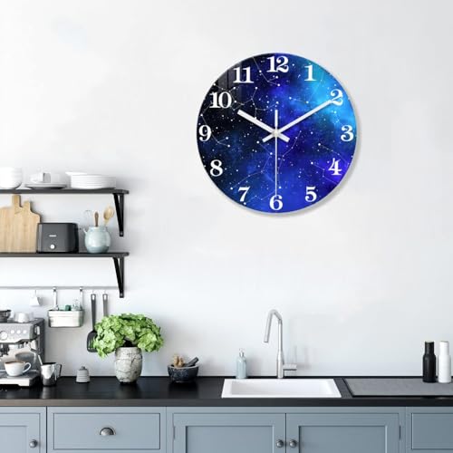 Image of XFM Blue Space Galaxy Wall Clock 12 Inch Silent Non-Ticking | Battery Operated Round Modern Glass Decorative for Living Room Kitchen Bedroom Office