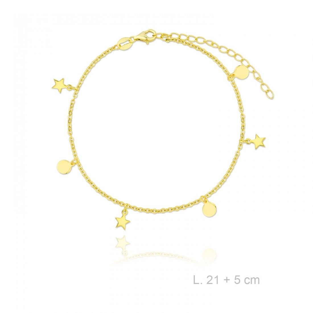 Tobillera en Plata de Ley 925m chapada en oro con 21cm. colgantes combinados discos y estrellas