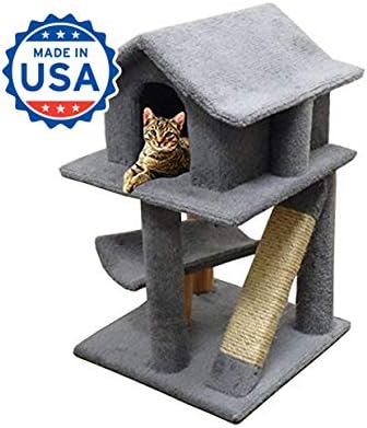 Wood Cat Furniture Scratching Carpet Cat House, Gray Carpet