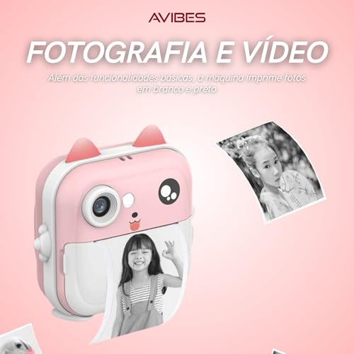 Câmera Fotográfica Digital Impressora Instantânea Infantil, AVIBES (Rosa)