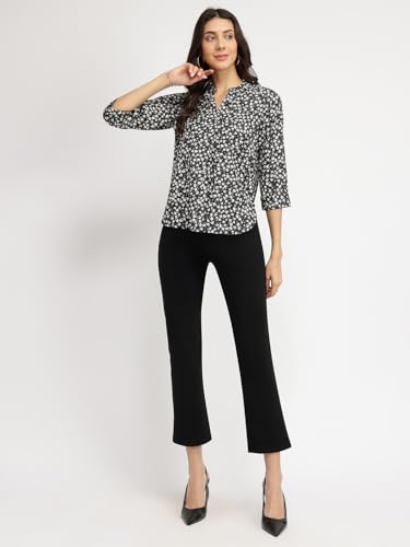 Image of FableStreet Women Shirt Work & Casual | Relaxed Fit Mandarin V-Neck Three-Quarter Sleeves Solid Pattern | Breathable Woven Fabric for Office & Everyday Wear