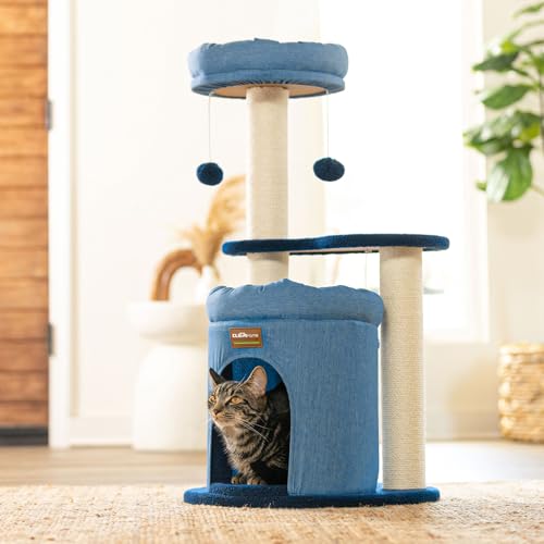 ClevaHome Stylish Cat Tree for for Small Spaces, Kittens, Ultra-Soft Fabric Condo & Cozy Perch, Durable Sisal Scratching Post, and Interactive Hanging Pompom