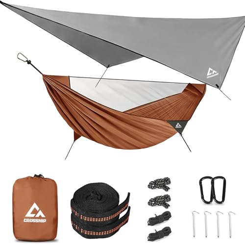 CROSSHIP Camping Hammock Mosquito Net with Rain Fly - Rain Fly Tarp & Hammock Bug Net, Portable Parachute Nylon Hammock for Outdoor, Hiking, Backpacking, Backyard, Beach, Travel (Hold Up to 500lbs)
