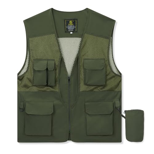 LBL Men's Utility Fishing Vest Lightweight Outdoor Work Safari Travel Photo Cargo Vest Sleeveless Jacket Mesh Waistcoat with Multi Pockets OT002 Army Green XL