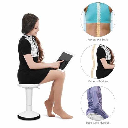 Image of Pemberly Row Contemporary Plastic Wobble Sitting Stool, Adjustable Height 16.5-23 in, White Finish with Silicone Cover, Ergonomic Design for Balance and Core Strength, Compact Stool for Home, Office,