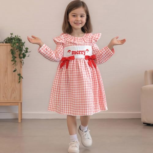 Little Girls Christmas Dress Santa Embroidery Plaid Print Long Sleeve A-Line Dresses Christmas Outfits2