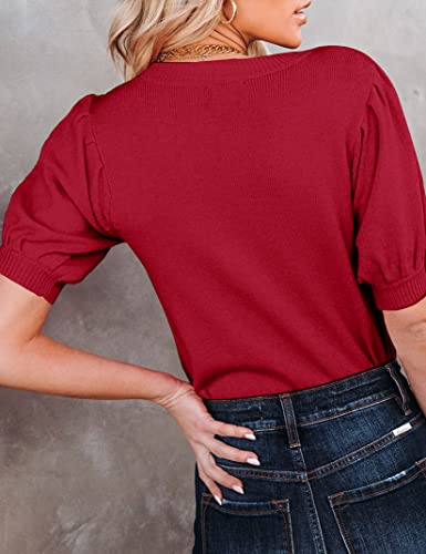 Image of Womens V-Neck Puff Short Sleeve Casual Sweaters Lightweight Comfortable Knit Pullover
