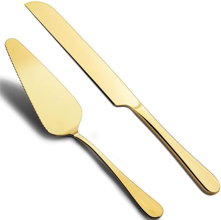 2pcs Wedding Cake Knife & Server Set, Stainless Steel Cake Cutting Set Wedding Cake Knife and Server Set Cake Cutter Set for Wedding Birthday Celebration (Gold)