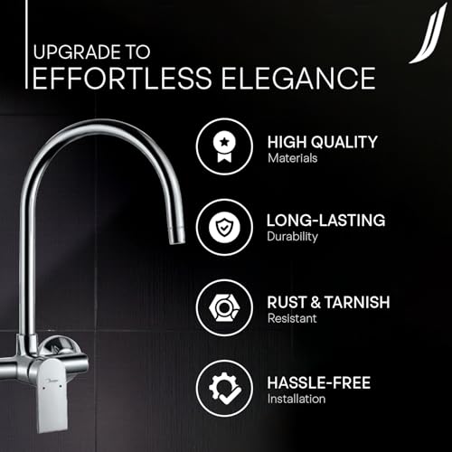 Image of Jaquar Wall Mounted Single Lever Sink Mixer with Swinging Spout on Upper Side, Connecting Legs & Wall Flanges, Stylish & Durable Faucet for Kitchen & Bathroom, Sliver, Chrome Finish