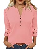 JomeDesign Womens Tunic Tops Loose Fit 3/4 Length Sleeve Womens Tops V Neck Casual Blouses Summer Tee Coral Pink
