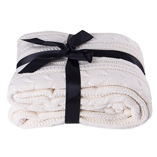 Comforbed Knitted Throw Blankets Beige, Clearance Cable Sweater Knitting Throw Blanket Sherpa Throws for Bed Sofa Couch Decor Cream 51x63 inch