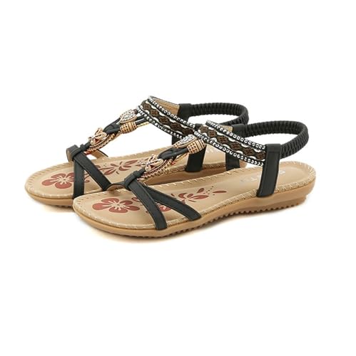 Women's Flat Sandals Vintage Open Toe Beach Sandals Rhinestones Arch Support Sandals with Elastic Ankle Strap2