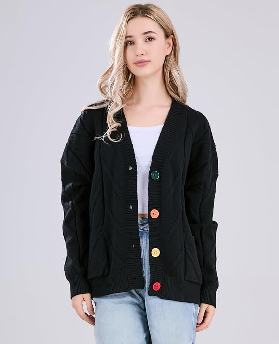 Image of utcoco Womens Open Front Cardigan Cable Knit Long Sleeve Button Down Embroidery Cardigan Sweaters