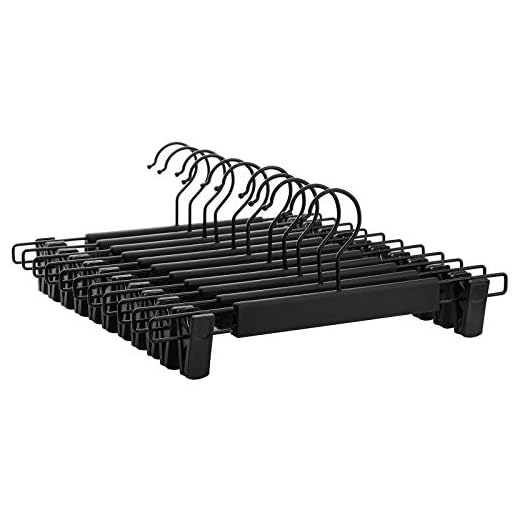 SONGMICS 12 Perchas para Pantalones, Alta Resistencia y Duradera con Pinzas, Perchas Plástica Faldas, Ahorran Espacio, Ganchos Giratorios de 360°, 35 cm de Largo, Negro CRP02BK12
