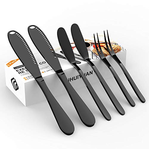 LUHUIYUAN Stainless Steel Flatware Set of 6, 2 of Magic Butter Knives Spreader with Holes, 2 of Stainless Steel Classic Cheese Spreaders, 2 of Cocktail Forks for Butter, Cheese, Jelly, Jam, Dessert