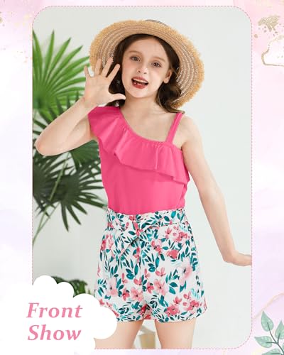 Image of Kucnuzki Little Toddler Girl Clothes Off Shoulder Tank Top Ruffle Halter Shirt Floral Shorts 2 Piece Set Summer Outfits