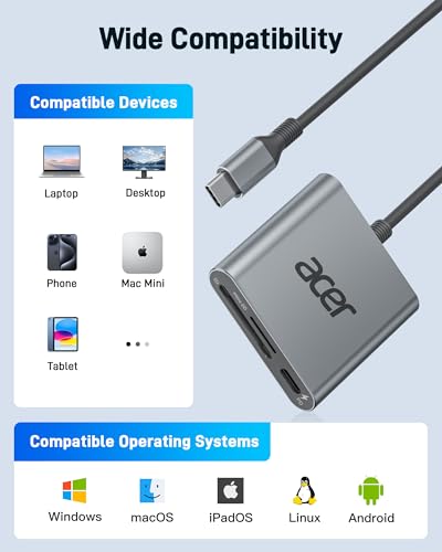 Acer SD 4.0 Card Reader, UHS-II Micro SD Reader USB C, Dual Slot Type C Memory Card Adapter with 100W PD Port for MicroSD SDXC SDHC UHS-II & UHS-I for iPhone 15/16, Laptop, MacBook(Grey)