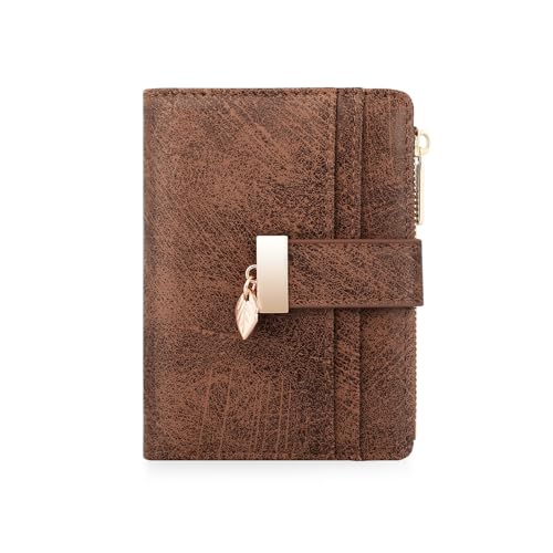 Image of Pomelo Best Wallet Women Bifold Leather Wallets for Women Credit Card Holder with ID Window Zipper Coin Pocket Deep Brown