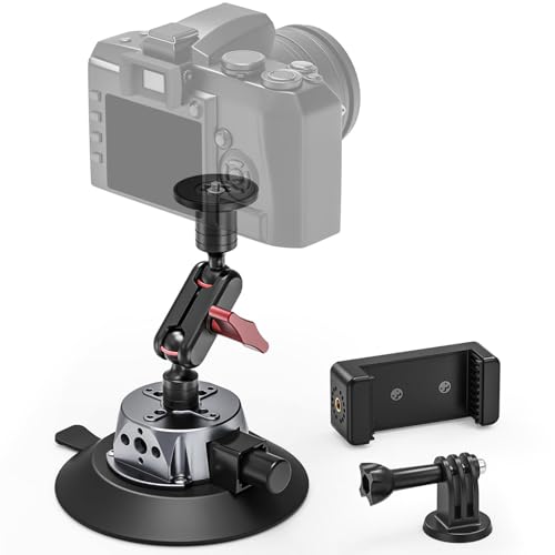 Camera Suction Mount with Ball Head Magic Arm, 5.1'/13cm Metal Air Pump Vacuum Suction Cup Camera Mount on Car Boat Windshield Dash Desk for DSLR/Action Camera/Phone Holder with 1/4' 3/8' ARRI Holes