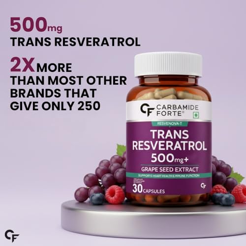 Image of Carbamide Forte Resveratrol Supplement 500mg with Grape Seed Extract | Trans Resveratrol 500mg | Grape Seed Extract Capsules with Highly Bioavailable | Antioxidant Support for Healthy Aging | Heart, Immune & Skin Support | 30 Veg Capsules