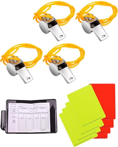 AORHOFJ Set di Carte Arbitro,8pcs Arbitro di Calcio Cartellini Rossi e Gialli, 4pcs con Fischietto con Cordino, cartellini arbitro calcio，Accessori Matite, per Sport, Calcio, Partita di t, Arbitri