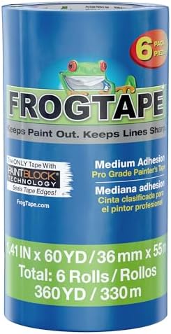 FrogTape ProGrade Blue Painters Tape with PAINTBLOCK, 2 in Wide (1.41โ x 60 yd), Masking Tape With Medium Adhesion, Blue, 6 Rolls