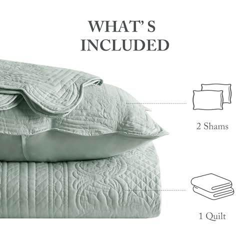 Image of Madison Park Cottage Damask Coverlet Set, 3 PC Full /Queen Quilt Set | Scallop Edge, All Season Oversized Bedding with Pre-washed Cotton-Filled Quilt, Shams, Seafoam