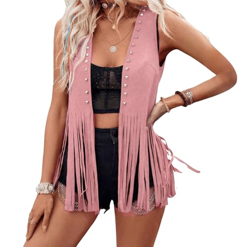 Qtinghua Gilet hippie à franges en daim synthétique pour femme - Ouvert sur le devant - Veste sans manches Y2k - Cardigan de cowgirl - Streetwear, rose, S