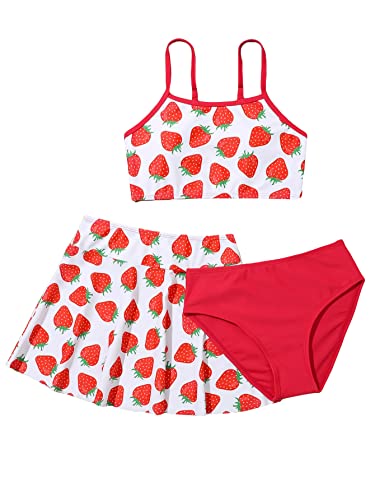 WDIRARA Girl's Strawberry Print Bikini 3 Piece Swimsuit Cute Bathing Suits with Beach Skirt