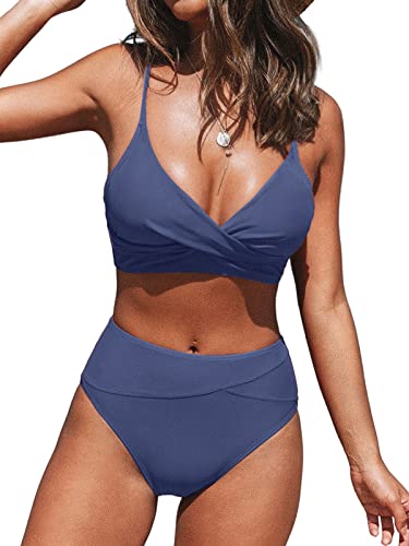 Image of CUPSHE Women's Bikini Sets Two Piece Swimsuit High Waisted V Neck Twist Front Adjustable Spaghetti Straps Bathing Suit