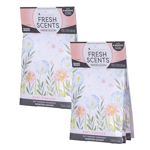 Fresh Scents Scented Sachets | Baby Powder | Home Fragrance | Long Lasting (Up to 6 Months) | Air Freshener for Closets, Drawers, & Cars | 6 Pack