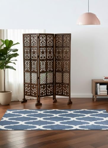 Image of Wooden Room Divider Screen | Hand Carved Partition Panel for Living Room Bedroom Office Hallway | Foldable Privacy Separator Three Panels with Stands | Home Decor Accent